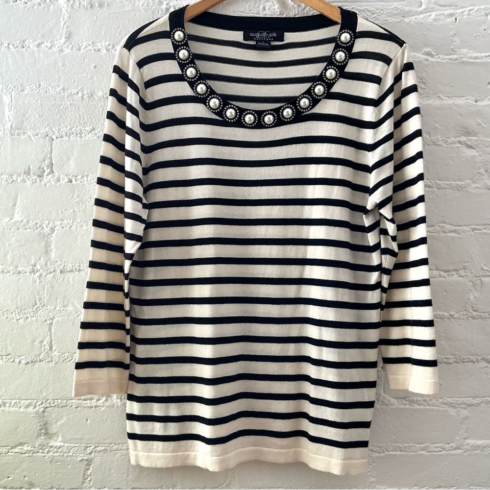August Silk Black Cream Striped Embellished Sweater Cotton 3/4 Sleeve Party L